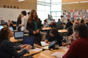 Angelina Rocca pitches her product to a panel of parents and other community members.